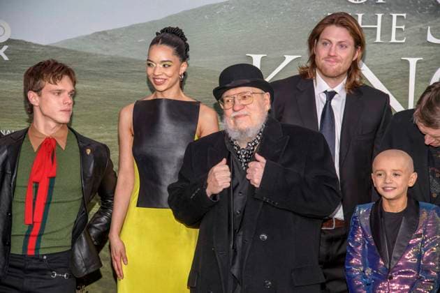 abb Finn Bennett, Myha la, George R R Martin, Peter Claffey and Dexter Sol Ansell as guests on the black carpet at the world premiere of the US fantasy series HBO Max A Knight of the Seven Kingdoms at Zoo Palaast on 13 01 2025 in Berlin Berlin Germany