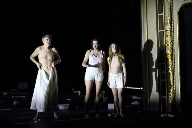 Jens Harzer, Constanze Becker and Kathleen Morgeneyer, from left, during the photo rehearsal for Antigone at the Berliner Ensemble in Berlin, January 13, 2026 By Sophocles in the translation by Friedrich Hölderlin Directed by Johan Simons Stage Johannes Schütz Costumes Kevin Pieterse Premiere is on January 15, 2026 Berliner Ensemble Antigone