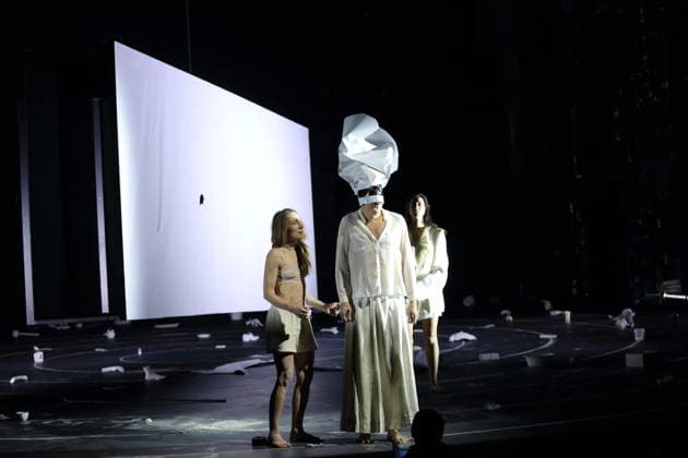 Kathleen Morgeneyer, Jens Harzer and Constanze Becker, from left, during the photo rehearsal for Antigone at the Berliner Ensemble in Berlin, January 13, 2026 By Sophocles in the translation by Friedrich Hölderlin Directed by Johan Simons Stage Johannes Schütz Costumes Kevin Pieterse Premiere is on January 15, 2026 Berliner Ensemble Antigone