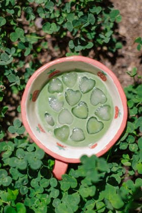 Iced matcha latte with heart-shaped ice cubes Boise, Idaho, United States R_AUAU251229-1920003-01