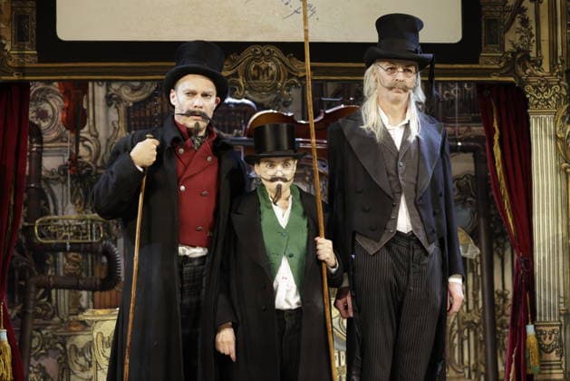 Pierre Besson, Katharina Thalbach, Torsten Rasch, Germany, Berlin, Komödie am Kurfürstendamm in the Ernst Reuter Saal, photo rehearsal of SAUERKOHL UND MISSETATEN, A musical Wilhelm Busch program with Katharina Thalbach, Pierre Besson and Torsten Rasch, stage Momme Röhrbein, costume Angelika Rieck