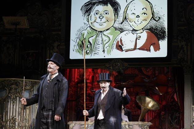 Pierre Besson, Katharina Thalbach, Germany, Berlin, Komödie am Kurfürstendamm in the Ernst Reuter Saal, photo rehearsal of SAUERKOHL UND MISSETATEN, A musical Wilhelm Busch program with Katharina Thalbach, Pierre Besson and Torsten Rasch, stage Momme Röhrbein, costume Angelika Rieck