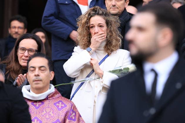 Figure of French Football Rolland Courbis Funeral - Paris Olivia Courbis leaving the funeral ceremony for Rolland Courbis at Madeleine church in Paris, France on January 14, 2026. Rolland Courbis, a former French footballer, coach and outspoken media commentator has died aged 72. Photo by Jerome Domine ABACAPRESS.COM Paris France  Copyright: xDominexJerome ABACAx
