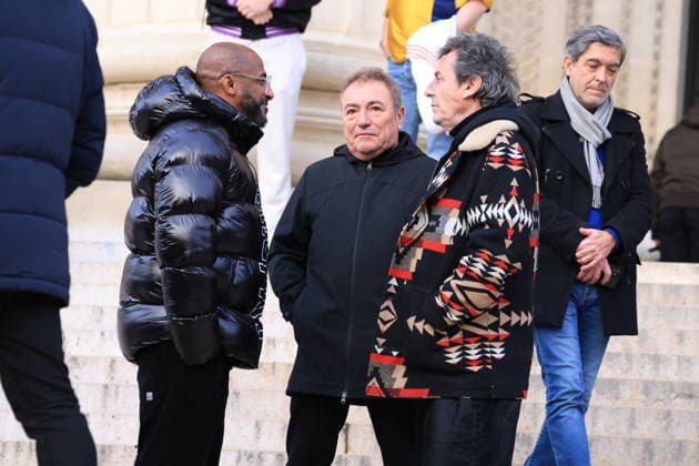 Figure of French Football Rolland Courbis Funeral - Paris Stomy Bugsy, Fabien Onteniente and Jean-Luc Reichmann leaving the funeral ceremony for Rolland Courbis at Madeleine church in Paris, France on January 14, 2026. Rolland Courbis, a former French footballer, coach and outspoken media commentator has died aged 72. Photo by Jerome Domine ABACAPRESS.COM Paris France  Copyright: xDominexJerome ABACAx