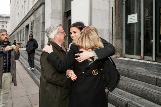 MILAN - Chiara Ferragni was acquitted in the trial over the pandoro and Easter egg case. Her emotional parents greeted her outside the courthouse. Pictured: her mother, Marina Di Guardo, embraces her lawyers.  Copyright: xEmanuelexDexCarlix xipa-agency.netx xEmanuelexDexCarlix IPA_Agency_IPA70060312