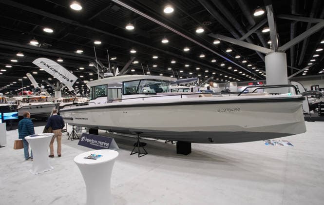 (260115) -- VANCOUVER, Jan. 15, 2026 -- People view a luxury yacht during the Vancouver International Boat Show 2026 at the Vancouver Convention Centre in Vancouver, British Columbia, Canada, Jan. 14, 2026. The five-day show kicked off here on Wednesday, with hundreds of exhibitors from around the world showcasing the latest vessels, marine gears and marine technology. (Photo by Xinhua) CANADA-VANCOUVER-INT L BOAT SHOW 2026 LiangxSen 