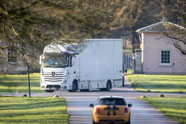 Mr Andrew Windsor Royal Lodge home. Removal vehicle leaves at Royal Lodge gates 1pm at lunchtime. Three hours after arriving. Transport vehicles are seen and pictured arriving and leaving at the security gate of Andrew Mountbatten-Windsor’s luxurious Royal Lodge home at Windsor today. .Preparations are underway for Mr Windsor’s eviction from his home in the coming days and relocate at Sandiringham where renovations are currently underway at Marsh Farm on the King’s Norfolk Estate. A slow process is ongoing of removing Andrew’s possessions from his home of 23 years..It is reported he will finally leave Royal Lodge before he becomes a pensioner on his 66th birthday next month. 14.01.2026  Copyright: xJonxBondx NINTCHDBPICT001051641749