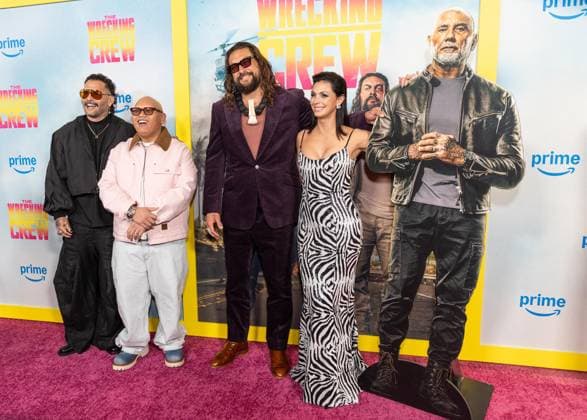 January 15, 2026, Bronx, New York, USA: Angel Manuel Soto, Jacob Batalon, Jason Momoa, Morena Baccarin and cutout of Dave Bautista who was absent attend special screening of The Wrecking Crew at Regal Times Square in New York, NY on January 15, 2026 Bronx USA - ZUMAr339 20260115_znp_r339_047 Copyright: xLevxRadinx