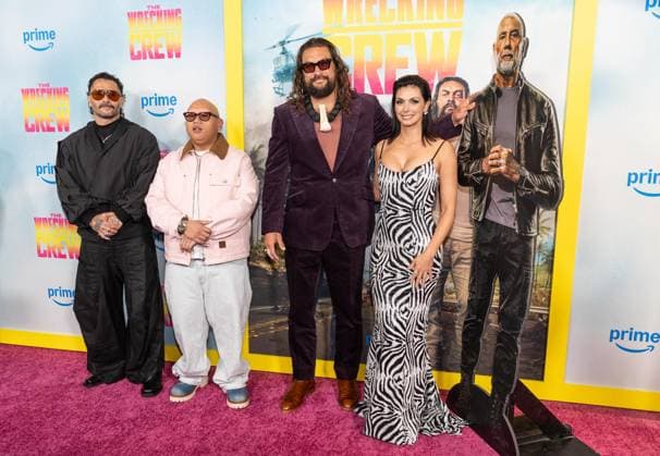 January 15, 2026, Bronx, New York, USA: Angel Manuel Soto, Jacob Batalon, Jason Momoa, Morena Baccarin and cutout of Dave Bautista who was absent attend special screening of The Wrecking Crew at Regal Times Square in New York, NY on January 15, 2026 Bronx USA - ZUMAr339 20260115_znp_r339_048 Copyright: xLevxRadinx