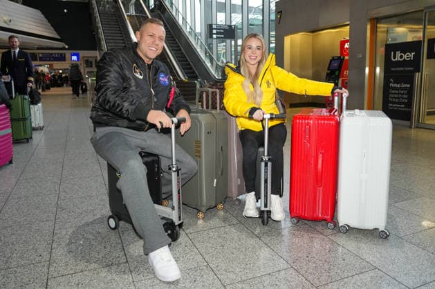RTL Dschungelcamp Frankfurt 2026 Patrick Romer and girlfriend Annelie Henz leaving for the RTL show Ich bin ein Star Holt mich hier raus Dschungelcamp 2026 at Frankfurt Airport Frankfurt Airport Hessen