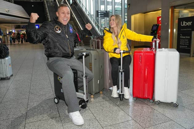 RTL Dschungelcamp Frankfurt 2026 Patrick Romer and girlfriend Annelie Henz leaving for the RTL show Ich bin ein Star Holt mich hier raus Dschungelcamp 2026 at Frankfurt Airport Frankfurt Airport Hessen