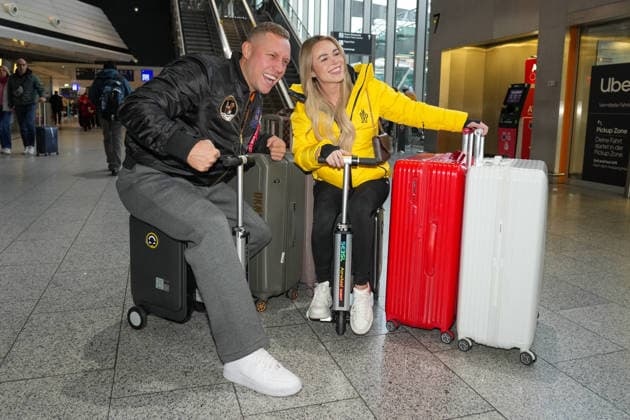RTL Dschungelcamp Frankfurt 2026 Patrick Romer and girlfriend Annelie Henz leaving for the RTL show Ich bin ein Star Holt mich hier raus Dschungelcamp 2026 at Frankfurt Airport Frankfurt Airport Hessen