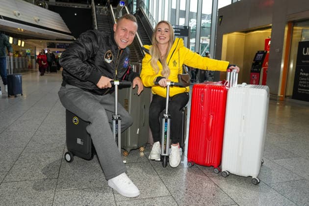 RTL Dschungelcamp Frankfurt 2026 Patrick Romer and girlfriend Annelie Henz leaving for the RTL show Ich bin ein Star Holt mich hier raus Dschungelcamp 2026 at Frankfurt Airport Frankfurt Airport Hessen