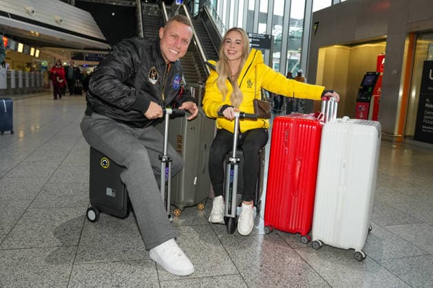 RTL Dschungelcamp Frankfurt 2026 Patrick Romer and girlfriend Annelie Henz leaving for the RTL show Ich bin ein Star Holt mich hier raus Dschungelcamp 2026 at Frankfurt Airport Frankfurt Airport Hessen