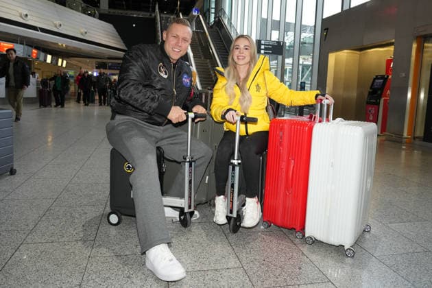 RTL Dschungelcamp Frankfurt 2026 Patrick Romer and girlfriend Annelie Henz leaving for the RTL show Ich bin ein Star Holt mich hier raus Dschungelcamp 2026 at Frankfurt Airport Frankfurt Airport Hessen