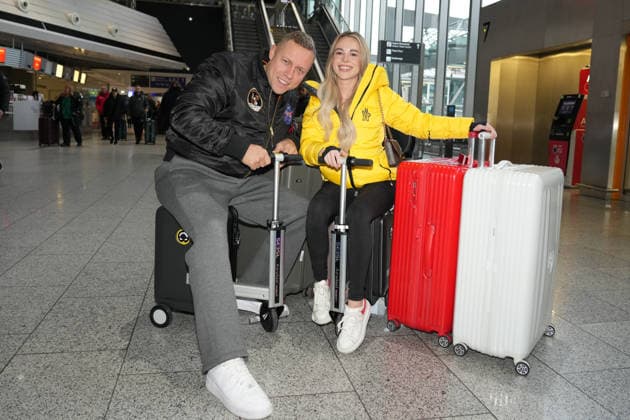 RTL Dschungelcamp Frankfurt 2026 Patrick Romer and girlfriend Annelie Henz leaving for the RTL show Ich bin ein Star Holt mich hier raus Dschungelcamp 2026 at Frankfurt Airport Frankfurt Airport Hessen