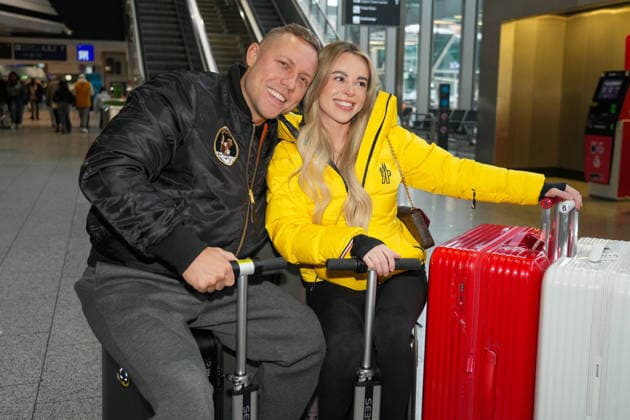 RTL Dschungelcamp Frankfurt 2026 Patrick Romer and girlfriend Annelie Henz leaving for the RTL show Ich bin ein Star Holt mich hier raus Dschungelcamp 2026 at Frankfurt Airport Frankfurt Airport Hessen