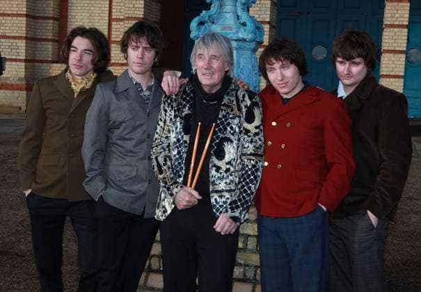 Sunny Afternoon musical London, UK. Former The Kinks drummer Mick Avory (centre) with the cast of the musical production Sunny Afternoon. The show is about the rise of the north London music group The Kinks in the 1960s. They were considered part of the elite British music scene and rivals to The Beatles and The Rolling Stones at the time. L-R: Oliver Hoare ( Dave Davies), Danny Horn (Ray Davies), Mick Avory, Zakarie Stokes (Mick Avory) and Harry Curley (Peter Quaife). The show has been on tour around the UK. They™re in London to 31st January 2026, Alexandra Palace. 16th January 2026. LMK11-S170126-001 Steve Bealing Landmark Media 