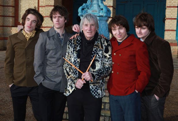 Sunny Afternoon musical London, UK. Former The Kinks drummer Mick Avory (centre) with the cast of the musical production Sunny Afternoon. The show is about the rise of the north London music group The Kinks in the 1960s. They were considered part of the elite British music scene and rivals to The Beatles and The Rolling Stones at the time. L-R: Oliver Hoare ( Dave Davies), Danny Horn (Ray Davies), Mick Avory, Zakarie Stokes (Mick Avory) and Harry Curley (Peter Quaife). The show has been on tour around the UK. They™re in London to 31st January 2026, Alexandra Palace. 16th January 2026. LMK11-S170126-001 Steve Bealing Landmark Media 