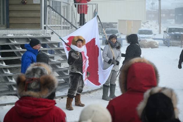 January 17, 2026, Iqaluit, Nu, Canada: Iqaluit residents, Laakkuluk Williamson Bathory and Siku Rojas hold a Greenlandic banner during a solidarity march through NunavutöÄÃ s capital on Saturday, Jan. 17, 2026. Iqaluit Canada  - ZUMAc35_ 20260117_zaf_c35_026 Copyright: xDustinxPatarx