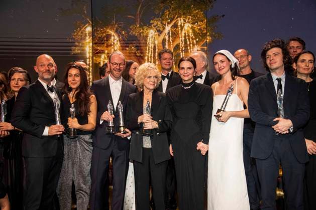 abb Eskil Vogt, Jonas Dornbach, Joachim Trier, Liv Ullmann, Juliette Binoche, Stellan Skarsgard, Renate Reinsve, Alexander Nanau and Ugo Bienvenu Winner Prizewinner with film prize as guest on the red carpet at the gala of the European Film Awards 2026 European Film Awards 2026 at Haus der Kulturen der Welt on 17 01 2026 in Berlin Berlin Germany