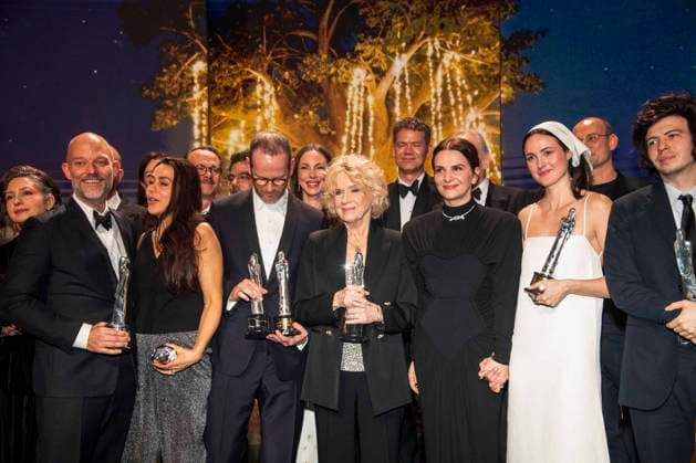 abb Sara Rajaei, Eskil Vogt, Joachim Trier, Liv Ullmann, Juliette Binoche, Renate Reinsve, Alexander Nanau and Ugo Bienvenu Winners with film award as guests on the red carpet at the European Film Awards 2026 European Film Awards 2026 Gala at Haus der Kulturen der Welt on 17 01 2026 in Berlin Berlin Germany