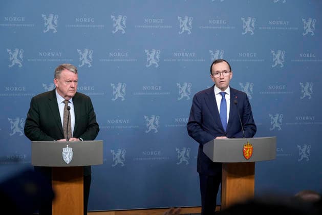 Norway s Foreign Minister Espen Barth Eide (R) and Danish Foreign Minister Lars Løkke Rasmussen address a press conference at the Ministry of Foreign Affairs in Oslo, Norway, on January 18, 2026. Rasmussen is visiting several European countries following U.S. President Donald Trump s threat to punish eight countries, including the three he is visiting — with tariffs over their opposition to his plan to seize control of Greenland, an autonomous Danish territory. photo by MFA Danish  GRL2026011809 MFAxDanish
