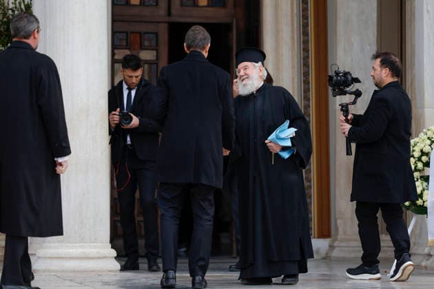 Ieronymos II of Athens (R) greets the assistanst to the funeral of Princess Irene of Greece and Denmark helt at the Metropolitan cathedreal of Athens, Greece on 19 January 2026. Princess Irene of Greece and Denmark died in Madrid last 15 January. Funeral of Princess Irene of Greece and Denmark in Athens !ACHTUNG: NUR REDAKTIONELLE NUTZUNG!  Copyright: xMariscalx GRAF985 20260119-55019105036_1