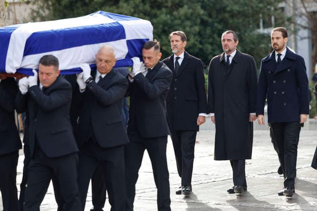 Crown Prince of Greece Pavlos (3R), Prince Philippos of Greece and Denmark (R) and Prince Nikolaos of Greece and Denmark (2R) follow the coffin during the funeral of Princess Irene of Greece and Denmark helt at the Metropolitan cathedreal of Athens, Greece on 19 January 2026. Princess Irene of Greece and Denmark died in Madrid last 15 January. Funeral of Princess Irene of Greece and Denmark in Athens !ACHTUNG: NUR REDAKTIONELLE NUTZUNG!  Copyright: xMariscalx GRAF1026 20260119-55019105284_1