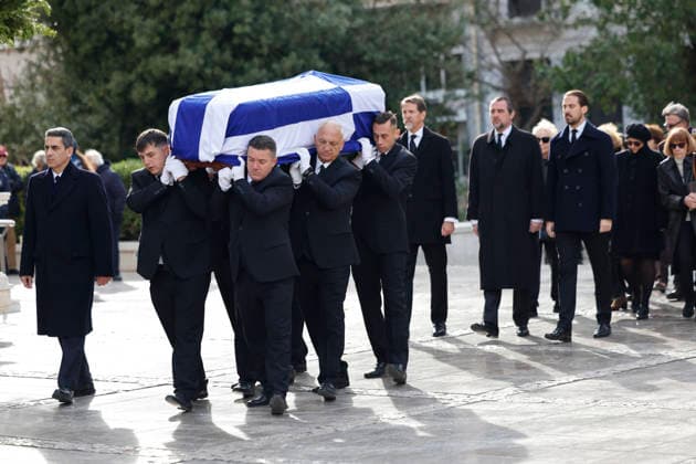 Crown Prince of Greece Pavlos (3R), Prince Philippos of Greece and Denmark (R) and Prince Nikolaos of Greece and Denmark (2R) follow the coffin during the funeral of Princess Irene of Greece and Denmark helt at the Metropolitan cathedreal of Athens, Greece on 19 January 2026. Princess Irene of Greece and Denmark died in Madrid last 15 January. Funeral of Princess Irene of Greece and Denmark in Athens !ACHTUNG: NUR REDAKTIONELLE NUTZUNG!  Copyright: xMariscalx GRAF1027 20260119-55019105287_1