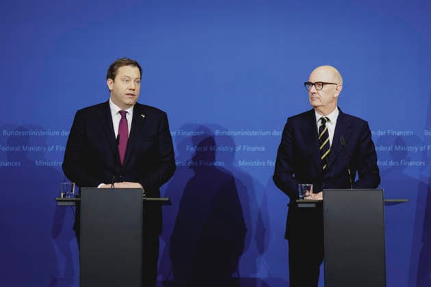 (L-R) Lars Klingbeil, Bundesminister der Finanzen, und Roland Lescure, Minister fuer Finanzen und Wirtschaft von Frankreich, aufgenommen im Rahmen eines Pressestatements am Rande des Economic Dialogue in Berlin, 19.01.2026. Fotografiert im Auftrag des Bundesministeriums der Finanzen. Berlin Deutschland *** L R Lars Klingbeil, Federal Minister of Finance, and Roland Lescure, Minister of Finance and Economy of France, pictured during a press statement on the sidelines of the Economic Dialogue in Berlin, 19 01 2026 Photographed on behalf of the Federal Ministry of Finance Berlin Germany Copyright: xFlorianxGaertner BMFx