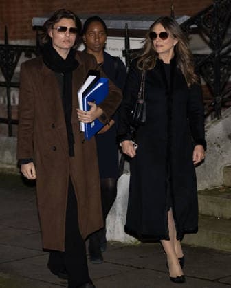 January 19, 2026, London, England, United Kingdom: ELIZABETH HURLEY and her son DAMIAN HURLEY leave the Royal Courts Of Justice, central London, after the first day of the trial over allegations of unlawful information gathering brought against Associated Newspapers Limited (ANL) by seven people - the Duke of Sussex, Baroness Doreen Lawrence, Sir Elton John, David Furnish, Liz Hurley, Sadie Frost and Sir Simon Hughes. London United Kingdom - ZUMAs262 20260119_zip_s262_041 Copyright: xTayfunxSalcix