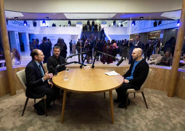Matt Damon at the World Economic Forum Davos on Air: Rethinking with Adam Grant session with Adam Grant, Saul P. Steinberg Professor of Management and Psychology, Wharton School, University of Pennsylvania, USA; Gary White, Co-Founder and Chief Executive Officer, Water.org, USA; Matt Damon, Co-Founder, Water.org, USA; at the World Economic Forum Annual Meeting 2026 in Davos-Klosters, Switzerland, on 20 1 2026 from 12:30 to 13:15 in the Congress Centre Davos On Air (Zone C), Podcast. (podcast thinking 2). 2026 World Economic Forum, Credit:AMIT LAVEE World Economic Forum Avalon Copyright: xAMITxLAVEE WorldxEconomicxForumx xAvalonx 1067647107