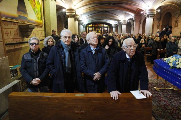 Milan, Funeral of Tony Dallara in the Basilica of Corpus Domini in Via Pagano, 8. In the photo Memo Remigi, Michele and Borsari  Copyright: xDuilioxPiaggesix xipa-agency.netx xDuilioxPiaggesix IPA_Agency_IPA70332301