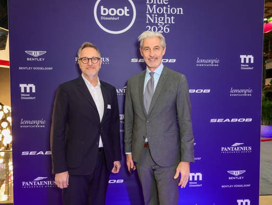 boot Messe Blue Motion Night 2026 MEROS Netyachting founder Martin Huber with Bentley Düsseldorf Managing Director Guido von Spee re Düsseldorf boot Messe NRW Germany