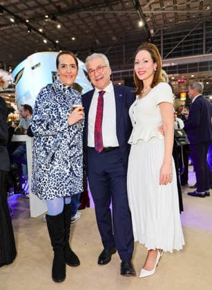 boot Messe Blue Motion Night 2026 TV chef Stefania Lettini with boot Director Petros Michelidakis and future maker Anja Bezold re Düsseldorf boot Messe NRW Germany