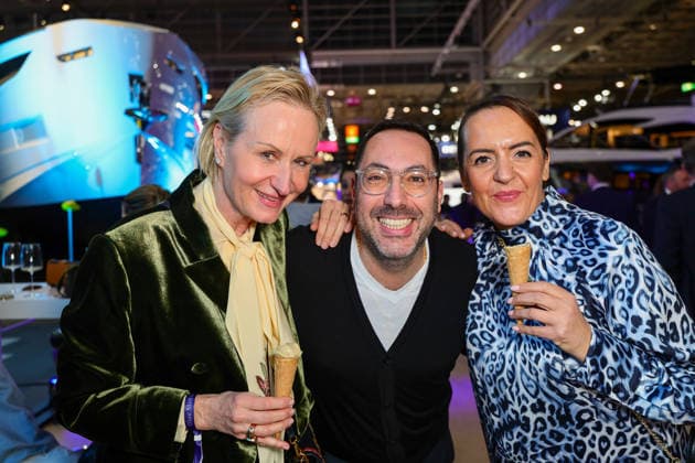 boot Messe Blue Motion Night 2026 Pharma manager Marion Bock, ice cream man Roberto Ghirloni with TV chef Stefania Lettini Düsseldorf boot Messe NRW Germany