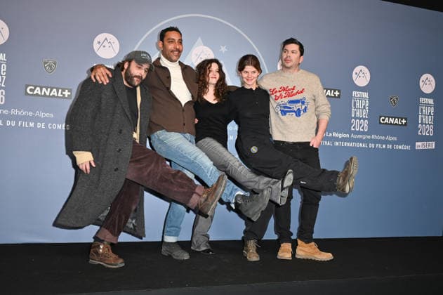 29th Comedy Film Festival - L Alpe Du Huez Vincent Macaigne, Lyes Salem, Saul Benchetrit, Celeste Brunnquell and Fabien Gorgeart posing for a photocall during the 29th Comedy Film Festival in L Alpe d’Huez, France, on January 20, 2026. Photo by Mireille Ampilhac ABACAPRESS.COM Paris France  Copyright: xAmpilhacxMireille ABACAx