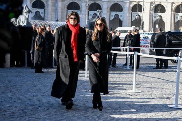 Rome, Death of Valentino Garavani - Funeral in the Basilica of Santa Maria degli Angeli e dei Martiri - Pictured: Liz Hurley and her son Damian  Copyright: xMaurizioxD Avanzox xipa-agency.netx xD AngeloxD AvanzoxLandix IPA_Agency_IPA70447964