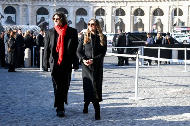 Rome, Death of Valentino Garavani - Funeral in the Basilica of Santa Maria degli Angeli e dei Martiri - Pictured: Liz Hurley and her son Damian  Copyright: xMaurizioxD Avanzox xipa-agency.netx xD AngeloxD AvanzoxLandix IPA_Agency_IPA70447971