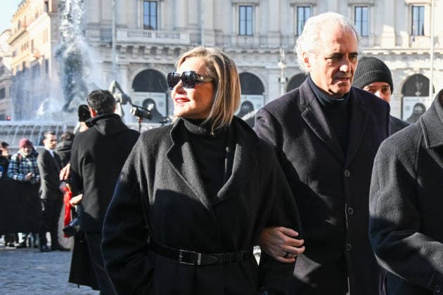 Rome, Death of Valentino Garavani - Funeral in the Basilica of Santa Maria degli Angeli e dei Martiri - Pictured: Simona Ventura and her husband Giovanni Terzi  Copyright: xMaurizioxD Avanzox xipa-agency.netx xD AngeloxD AvanzoxLandix IPA_Agency_IPA70449978