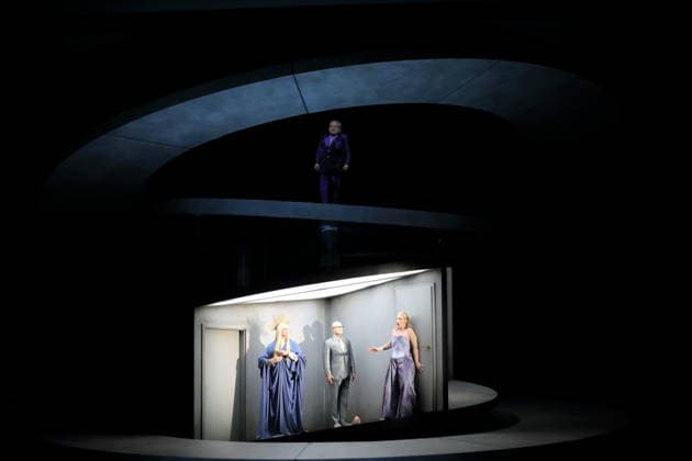 Olafur Sigurdarson above as Simone Trovai as well as Mihails Culpajevs as Alfonso and Laura Wilde as Violanta during the photo rehearsal for Violanta at the Deutsche Oper in Berlin, January 22, 2026 Opera in one act by Erich Wolfgang Korngold Musical direction Donald Runnicles Production David Hermann Stage Jo Schramm
