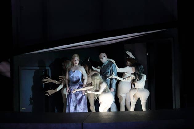 Laura Wilde as Violanta and Mihails Culpajevs as Alfonso and ensemble during the photo rehearsal for Violanta at the Deutsche Oper in Berlin, January 22, 2026 Opera in one act by Erich Wolfgang Korngold Musical direction Donald Runnicles Production David Hermann Stage Jo Schramm Costumes Sybille Wallum Premiere is on January 25, 2026 Deutsche Oper Berli