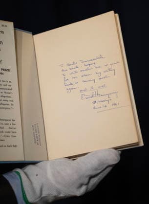Stockholm 20260123 The American Hemingway connoisseur Curtis DeBerg hands over the Hemingway book The Old Man and the Sea to the Nobel Museum The book has a dedication that is believed to be the la  Copyright: xFredrikxSandberg TTx HEMINGWAYBOK Fwmu-KHICG8