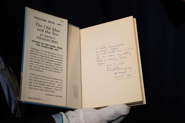 American Hemingway expert Curtis DeBerg is handing over the Hemingway book The Old Man and the Sea to the Nobel Prize Museum The book has a dedi  Copyright: xFredrikxSandberg TTx HEMINGWAY NOBEL PRIZE MUSEUM QPX2ki8uCZQ