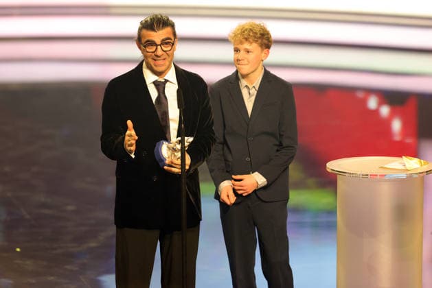 Bavarian Film Award 2025 Director Fatih Akin and Amrum leading actor Jasper Billerbeck during the acceptance speech for their win in the Best Film category Presentation of the 47 Bavarian Film Award on 23 01 2026 at the Prinzregententheater in Munich Bavaria, Germany The Bavarian Film Award has been presented by the Bavar