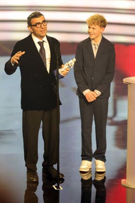 Bavarian Film Award 2025 Director Fatih Akin and Amrum leading actor Jasper Billerbeck during the acceptance speech for their win in the Best Film category Presentation of the 47 Bavarian Film Award on 23 01 2026 at the Prinzregententheater in Munich Bavaria, Germany The Bavarian Film Award has been presented by the Bavar