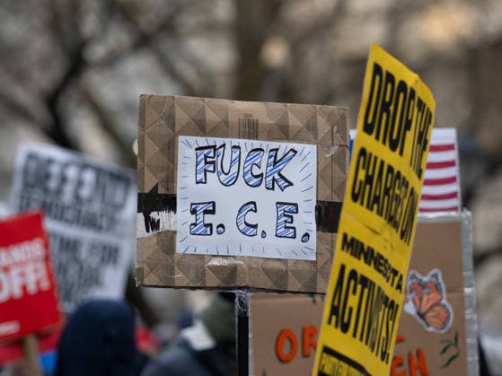 January 23, 2026, New York, New York, USA: A sign reads Fuck I.C.E. . ICE Out of NY and General Strike rally drew several thousand people to Union Square, before marching to Palantir and Home Depot offices to protest their alleged support of ICE. New York USA - ZUMAc266 20260123_znp_c266_002 Copyright: xCarlosxChiossonex