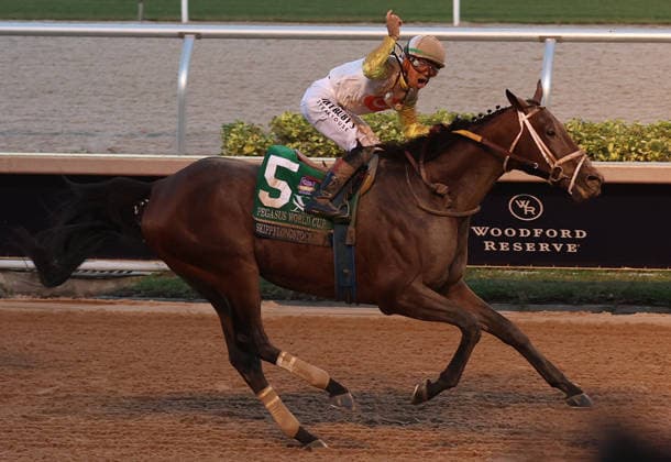 HALLANDALE BEACH, FL - JANUARY 24: Skippylongstocking (5) with jockey Tyler Gaffalione takes the lead against White Albarrio (11) with jockey Irad Ortiz, Jr. during the Pegasus World Cup Invitational horse race on January 24, 2026, at Gulfstream Park in Hallandale Beach, Florida People: Skippylongstocking, Tyler Gaffalione . Copyright: xhoo-me.com MediaPunchx