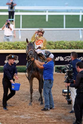 HALLANDALE BEACH, FL - JANUARY 24: Skippylongstocking (5) with jockey Tyler Gaffalione takes the lead against White Albarrio (11) with jockey Irad Ortiz, Jr. during the Pegasus World Cup Invitational horse race on January 24, 2026, at Gulfstream Park in Hallandale Beach, Florida People: Skippylongstocking, Tyler Gaffalione . Copyright: xhoo-me.com MediaPunchx